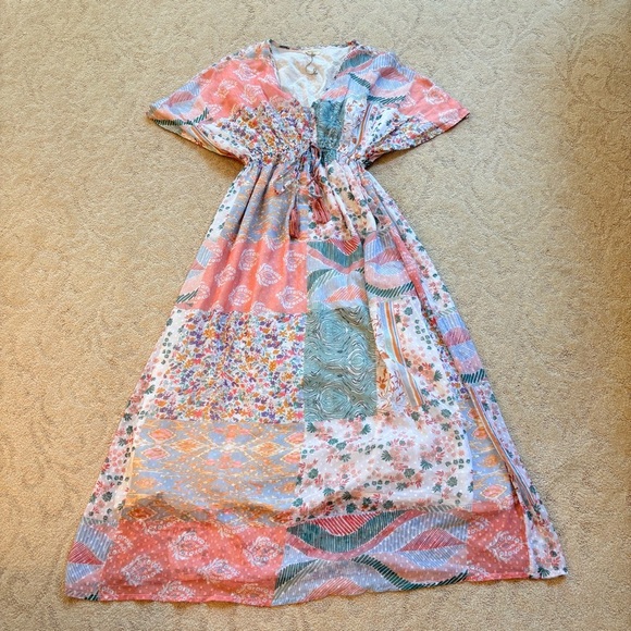 World Market Mira Dobby Patchwork Kaftan Dress Pastel Boho S/M Pastel resort EUC - Picture 3 of 11